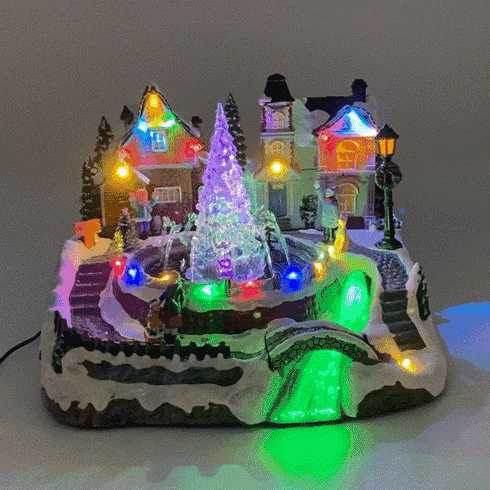 Christmas Village Snowy Fountain Milky Way River Musical Multicolor LED Light Up